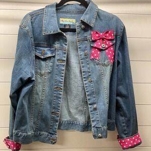 Too-She-She Womens Denim Jacket Medium Blue Pink Polka Dot Bow Rhinestone